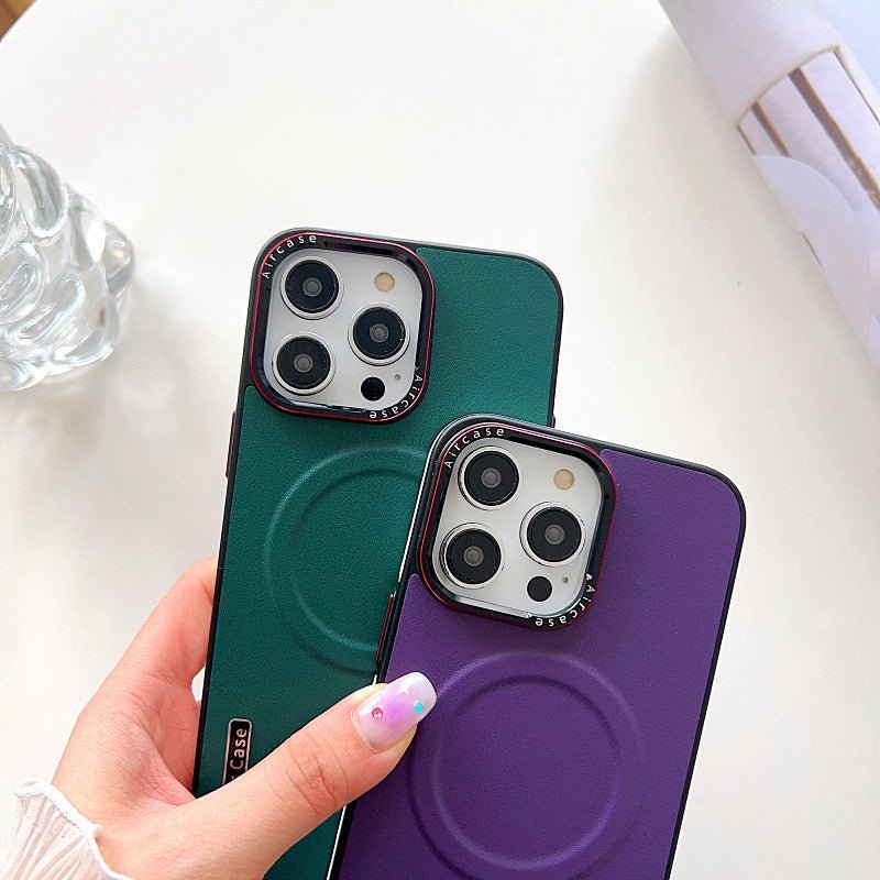 Plain Leather Phone Case Magnetic Contrast Color Protective Cover - Lumitria