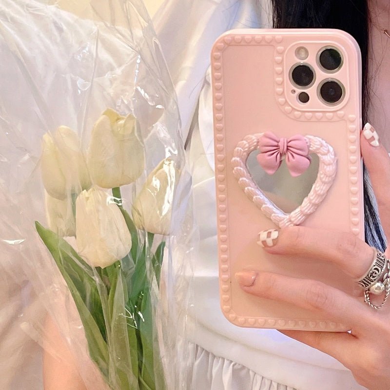 Japanese And Korean Simple Love Cream Bow Mirror Phone Case - Lumitria