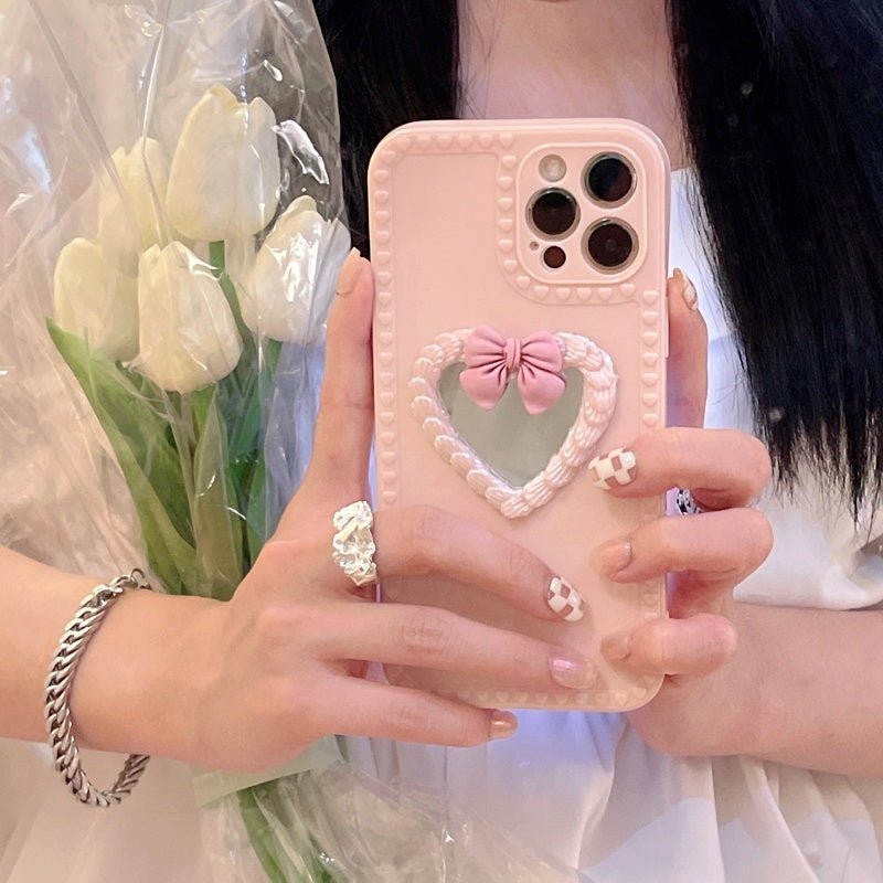 Japanese And Korean Simple Love Cream Bow Mirror Phone Case - Lumitria