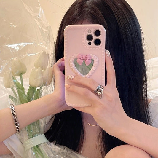 Japanese And Korean Simple Love Cream Bow Mirror Phone Case - Lumitria