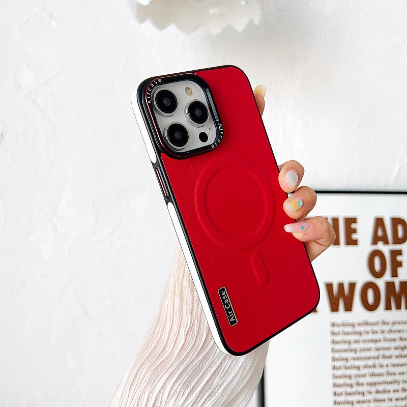 Plain Leather Phone Case Magnetic Contrast Color Protective Cover - Lumitria